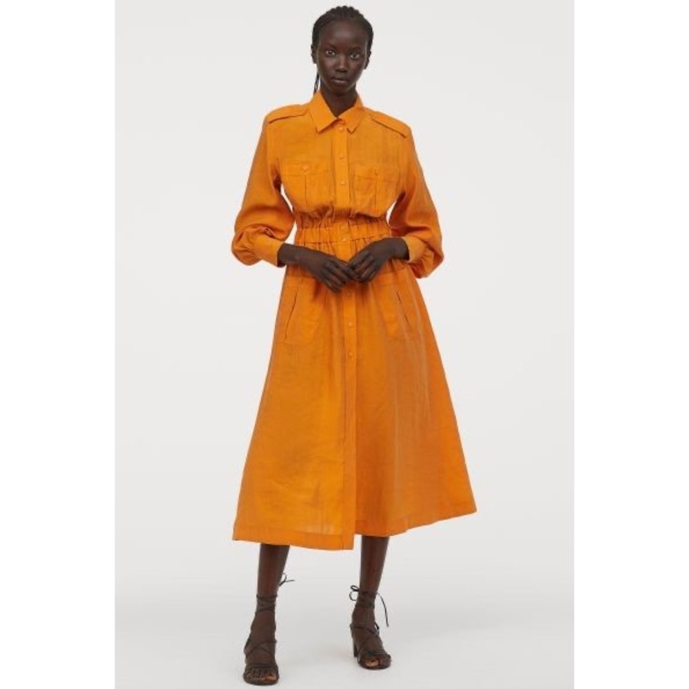 H&M Conscious Orange Lyocell Utility Safari Shirt Dress Long Sleeve Size 6 NWT